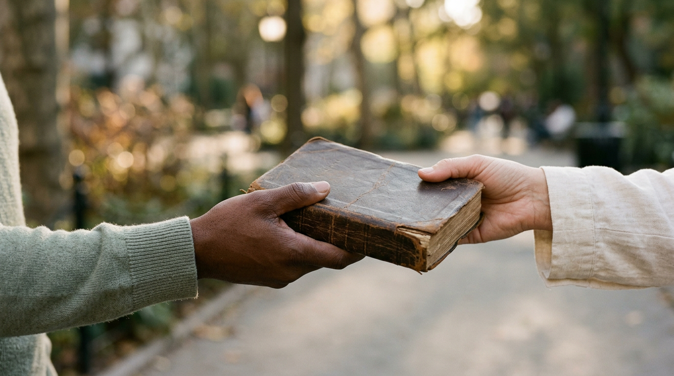 A Bible being gently passed from one pair of hands to another